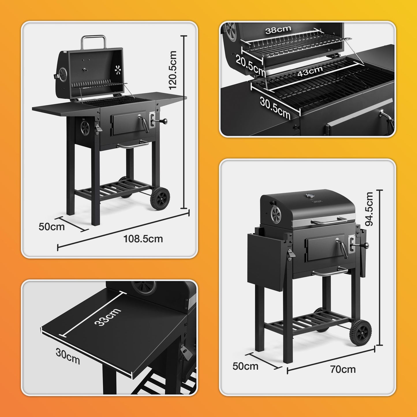 Charcoal BBQ Grill & Smoker with Temperature Gauge, Side Shelves & Storage Rack