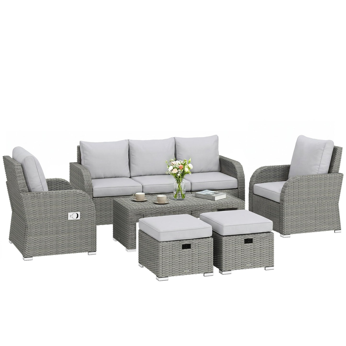 7 Seater Rattan Garden Furniture Set with Reclining Chairs, Footstools & Coffee Table