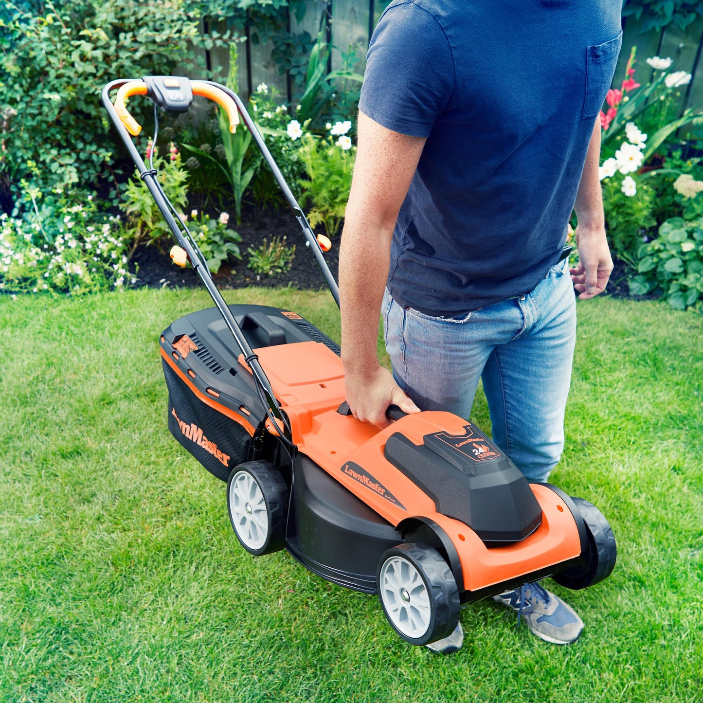 24V Cordless Lawn Mower with Battery, Fast Charger & Rear Roller